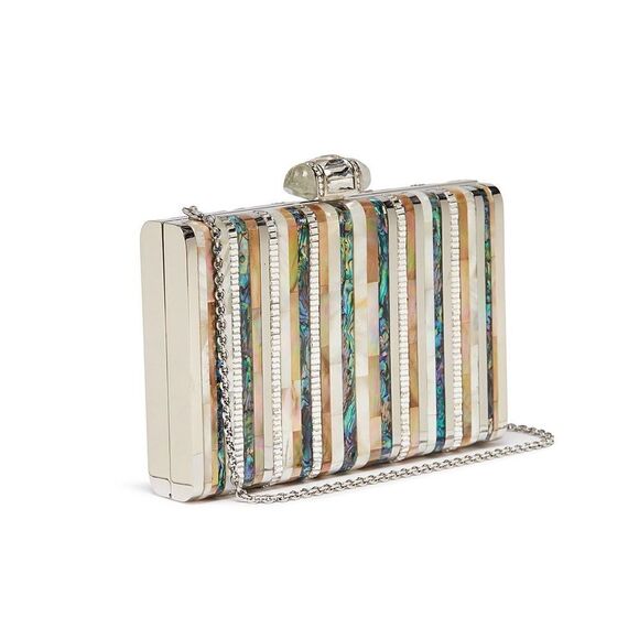 RARE JUDITH LEIBER ‘Shell’ Glass Crystal Abalone Shell Stripe Clutch Bag - Picture 1 of 10